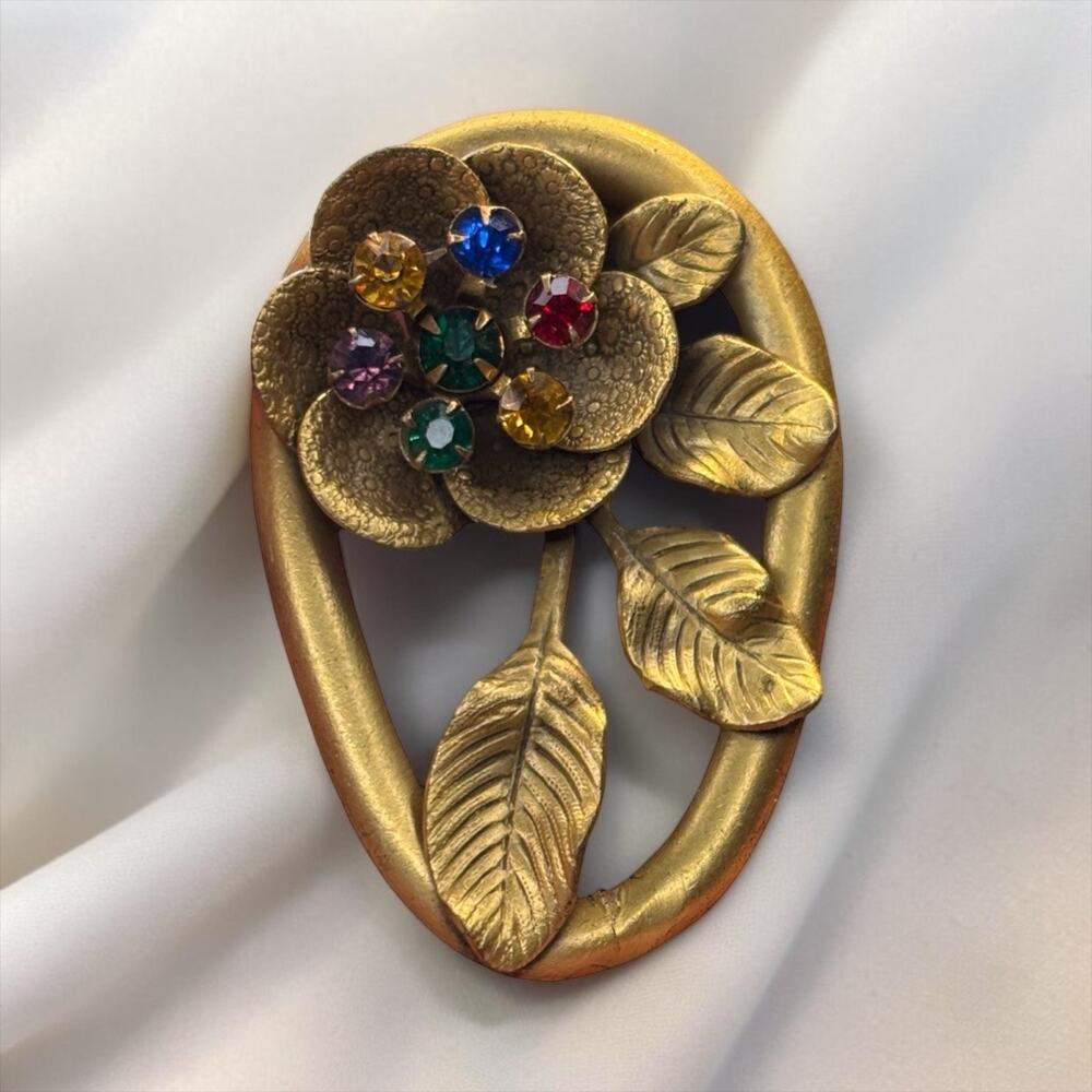 1930s Jeweled Flower Dress Clip Multicolor Rhinestone Gold Floral Statement